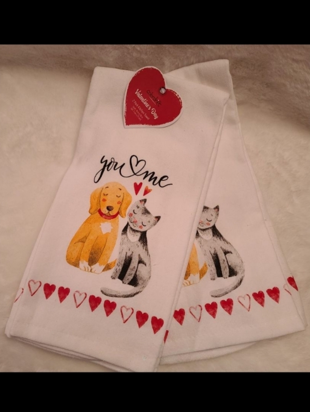 x2 Dog & Cat Hearts Of Love Kitchen Towel / Hand Towel Set New